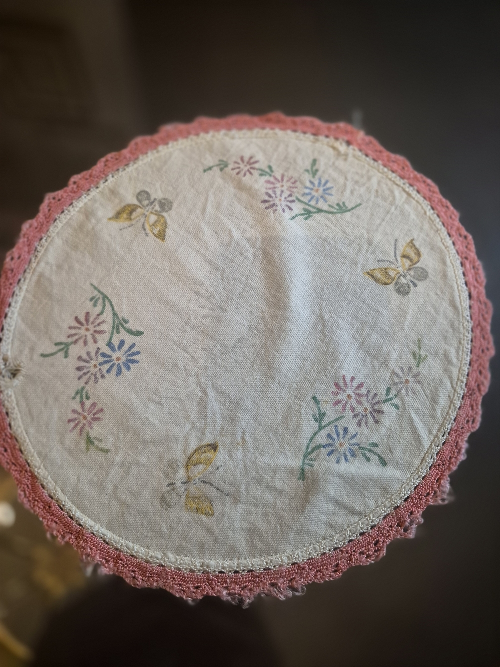 Hand-Embroidered Floral Round Table Doily with Pink Crochet Edge